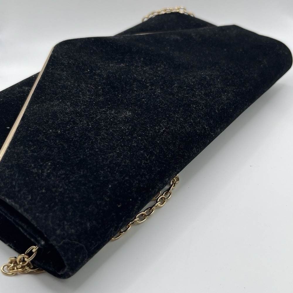 Black Velvet Evening Clutch Purse Gold Tone Chain Formal Wedding Bag - Picture 3 of 6